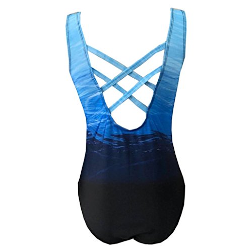 Snowfoller Womens Swimming Costume Geometric Lines Printed Padded Gradient Color Swimsuit Monokini Push Up One-Piece Bikini (XL, Blue) - Thumbnail 7