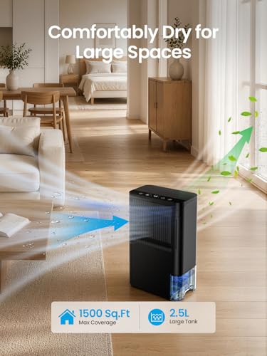 Globexis Dehumidifiers for home up to 1500 Sq.Ft, 86 Oz Tank, Quiet 35dB Rotary Dehumidifier with Drain Hose, Auto Shutoff, Works at 1°C/34°F, Dehumidifiers for Basements, Bedroom, Closet, RV, Black