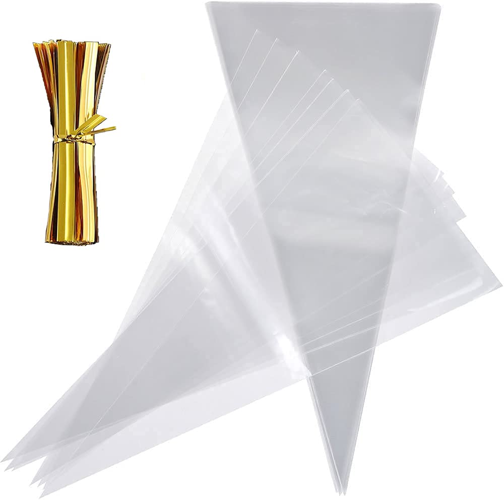 Sweet Cones Bags,100 PCS Clear Cellophane Cone Bag Triangle Treat Bags with Gold Twist Ties Popcorn Bags for Candies Handmade Cookies Party Christmas Festivals 13 * 25cm
