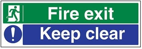 V Safety Fire Exit/Keep Clear Sign - Landscape - 600mm x 200mm - 1mm Rigid Plastic