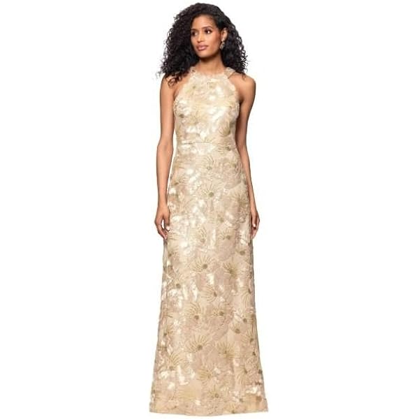 Amazon.com: Betsy & Adam Women's Embroidered Soutache Lace Halter Floor  Length Dress, Champagne, 4 : Clothing, Shoes & Jewelry