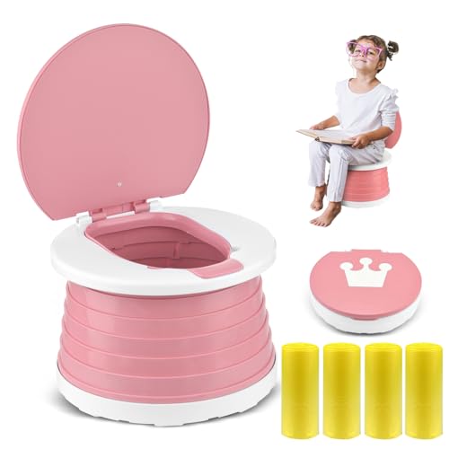 Portable Potty for Toddler Travel Foldable Potty Seat for Toddler Training Toilet for Kids Boys Girls Car On The Go Potty Travel Chair for Camping Park Indoor/Outdoor (Pink)