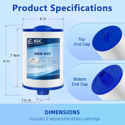 KGC Spa Filter 6CH-940 for Whirlpool, Pack of 2 Replacement for Pleatco PWW50P3 (1 1/2" SAE Coarse Thread), Unicel 6CH-940, Filbur FC-0359, Waterway 817-0050, Washable Filter Cartridge, High Flow
