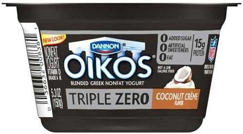 Oikos Triple Zero Coconut Creme Blended Greek Nonfat Yogurt, 5.3 Ounce -- 12 per case.