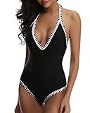 Tempt Me Women One Piece Deep Plunge Contrast Edged Getaway Halter Monokini Swimsuits