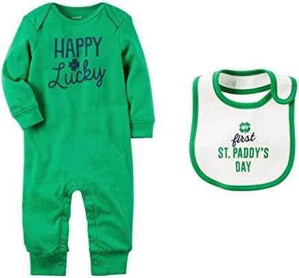 Carters Boys or Girls Babys First St Patricks Day Romper Jumpsuit and Bib Set (Newborn, Green Happy Lucky)