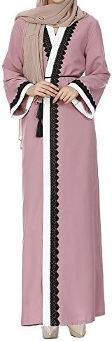 VECDUO Women Classic Kimono Front Opening Lace Solid Long Sleeve Muslim Islamic Kaftan Maxi Loose Robe Coat