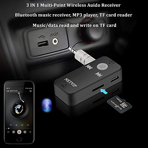 Bluetooth Receiver, Portable Wireless Adapter Car Kit 3.5mm Aux Stereo Output for Home Audio Music Streaming Sound System, Hands-Free Calling Voice Assistant, Support TF/SD Card, Built-in Mic