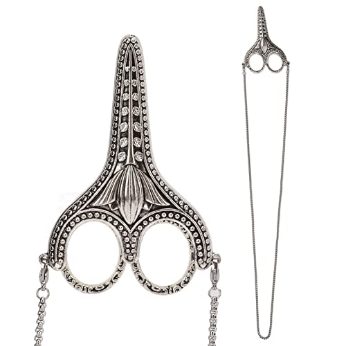 Sewing Scissors, Vintage Chain Silver Bauhinia Pointed Embroidery Scissors with Sheath Chain for Sewing Art Work Needlework