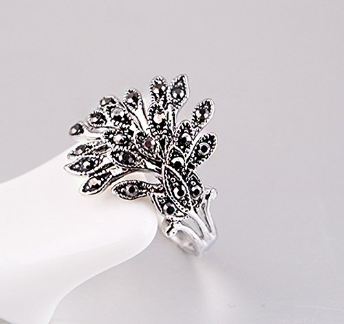 Yfnfxl Womens Antique Black Marcasite Rhinestone Crystal Vintage Leaves Statement Cocktail Rings