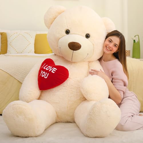 MorisMos 130 cm Giant Plush Bear with I Love You, XXL Ivory Plush Teddy Bear Large Soft Teddy Bear Gift for Baby Girlfriend Her Birthday Decorations