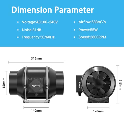 Aygrochy Extractor Fan 150 mm, Extractor Fan 683 m³/h, with Power Outlet with Timer, Delay and Temperature and Humidity Sensor, for Growing Tents, Ventilation | Extraction fan (688m³/h) Suitable for grow tents and hydroponic ventilation systems