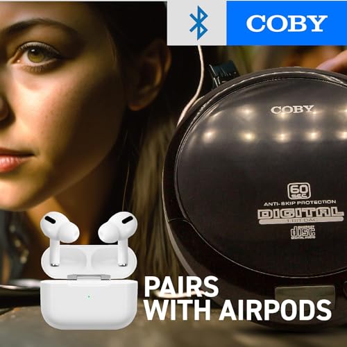 Coby CD Player Portable Bluetooth CD Player for Car, Headphones, FM, AUX, MP3 Anti-Skip CD Player for Home, Compact Discman, Rechargeable, Lightweight