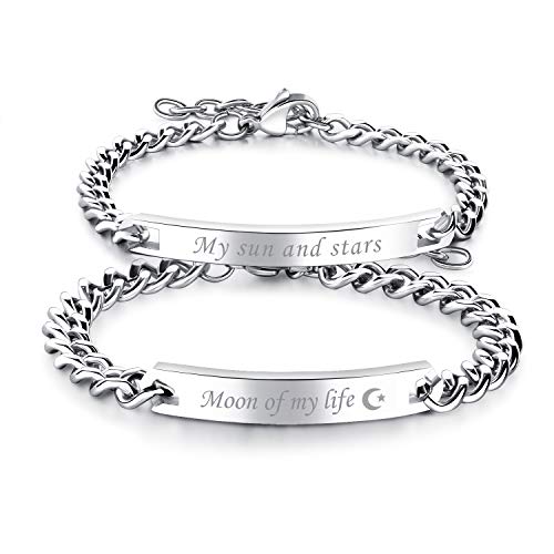 Cupimatch 2pcs His and Hers Couple Bracelets Set, Adjustable Titanium Stainless Steel My Sun and Stars Moon of My Life Love Matching Bracelet Link Jewelry Set,Silver …