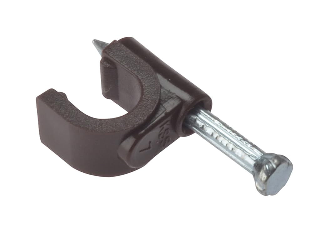 ForgeFix Cable Clips - Round | 6-7mm | Brown Plastic Clip, Zinc Plated Nail | Box 100