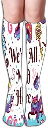 Xunulyn Men Women Outdoor Sports High Socks Stocking print characters alice wonderland all mad here art fun whimsical cute Cool Tile length 19.7" in(50cm)