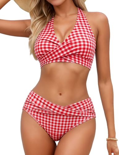 Sopliagon Women Bikini Set Red Plaid