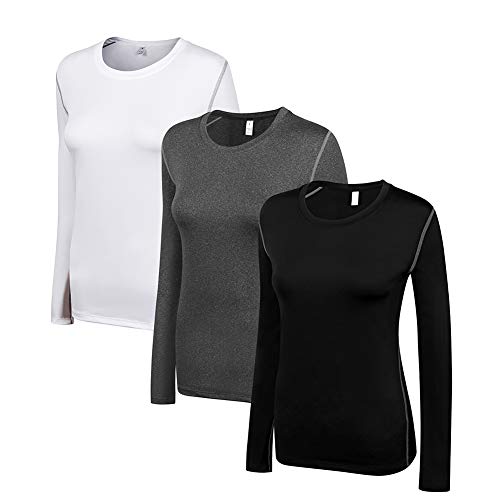 Women's Compression Shirt Dry Fit Long Sleeve Running Athletic T-Shirt Workout Tops (M, 3 Pack(Black+White+Grey))