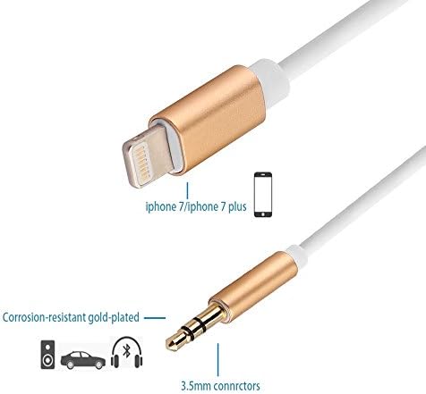 iPhone 7 Car Aux Cable 1M Lightning to 3.5mm Aux Cable Coursin 3.3ft Stereo Audio Gold Cord cable for iPhone 7 &amp; 7 Plus - Premium Headphone Adapter to Car Stereo (Gold)