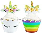 Unicorn Cupcake Topper and Wrapper for Kids Party Supplies - 24 Sets of Toppers and Wrappers