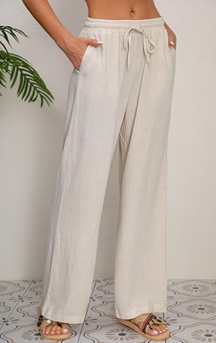AISEW Women's Cotton Linen Palazzo Pants Drawstring Elastic Waist Casual Wide Leg Long Lounge Trousers with Pockets