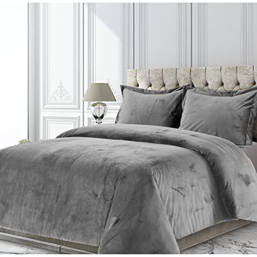 Tribeca Living VENICEDUVETQUGR Venice Velvet Oversized Solid Duvet Set, Queen, Smoke Grey