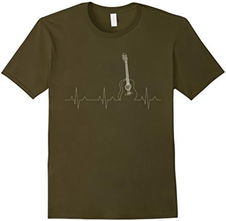 Men's Acoustic Guitar T-Shirt Cool Musician Tee Heartbeat Pulse Large Olive