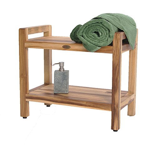 24" EcoDecors EarthyTeak™ Teak Shower Bench with Shelf and Ergonomic Lift Aid Arms - Thumbnail 3