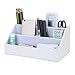 KINGFOM Pu Leather Desk Organizer with 5 Compartments Holder, Multi-Functional Office Supplies Storage Caddy for Pen/Pencil, Phones, Remote Controller and Desktop Accessorie White