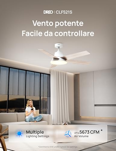 DREO Smart Ceiling Fan with Light, 52 inches, 12 Speed, 3 Fan Modes, Continuous Colour Tone, Adjustable LED, 12H Timer, Silent DC Motor, Remote Control/APP Control