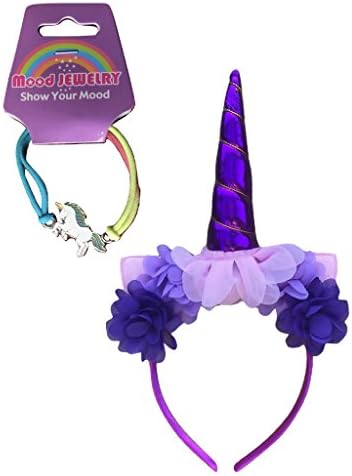Deluxe PURPLE Unicorn Horn HEADBAND w/ MOOD BRACELET Rose Flower, Animal Ears, Gold Spiral Trim - Birthday Party Cosplay Costume Valentines Day Gift Headwear Headdress Adults Kids (Purple + Bracelet)