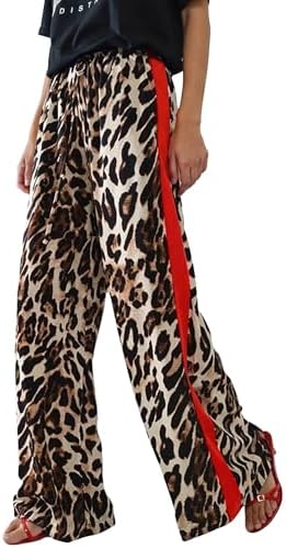 LIWEIKE Women's Leopard Print Pants Drawstring Color Block Side
