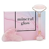 Mineral Glow Pink Jade Roller and Gua Sha Tool for Under Eye, Face, Neck, Body | Premium 100% Real Rose Quartz Beauty Facial Skins Massager for Slimming & Firming | Soothing Stone Massage Set