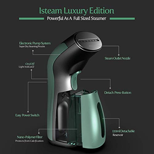 iSteam Steamer for Clothes [Luxury Edition] Powerful Dry Steam. Multi-Task: Fabric Wrinkle Remover- Clean- Refresh. Handheld Clothing Accessory. for All Kind of Garments. Home/Travel [220V Green] - Thumbnail 2