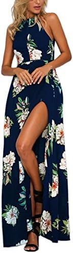 Foyean Women's Halter Backless Maxi Summer Beach Dress Side Split with Special Belt 2602-NV Large