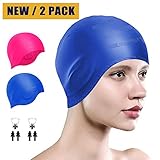 Swim Cap Women(2 Pack),Long Hair Swimming Cap Cover Ears for Women Men Kids,Swimming Hats with 2 Pack Nose Clip& Ear Plugs (Blue+Pink)