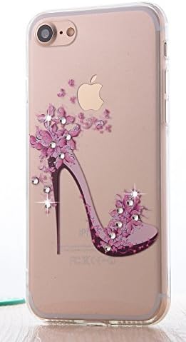 GreatQIQI iPhone 7 Case, [Dust plug] Soft TPU Gel Bumper Cushion + Scratch Resistant Clear Hard Protective Cover Case with Glitter Bling Rhinestone for iPhone 7 (Crystal Shoes)