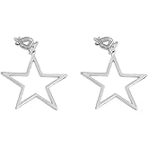 Clip on Hollow Star Fake Dangle Drop Earrings for Women Girls Non Pierced Ear Dainty Hypoallergenic Sterling Silver Plated Star Charm Cuff Wrap Dangling Hanging Fashion Lightweight Christmas Party Jewelry Gifts Daughter Bff