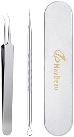 MayBeau Blackhead Remover 2PCs Blackhead Tweezer Comedone Extractor Tool Treatment for Blemish Whitehead Comedones Acne Zit and Facial with Metal Case