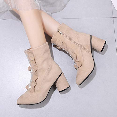 Women Ankle Booties Wedges Shoes Ladies Vintage Buckle Fall Work Block High Heel Shoes Side Zipper Ankle Boots Beige