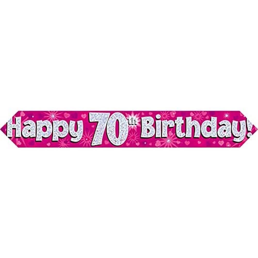 9ft Banner Happy 70th Birthday Pink Holographic