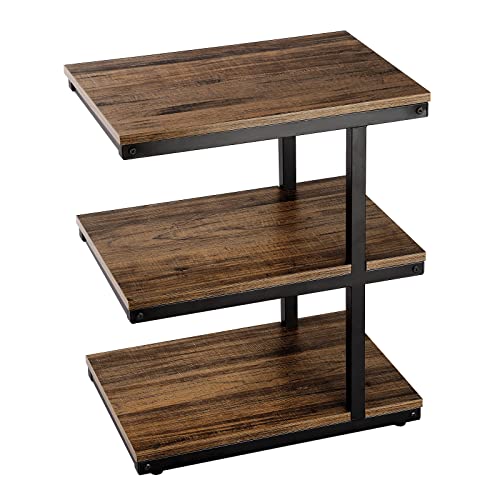 KirKical 3-Tier Slim End Table Vintage Wood Bookshelf with Stable Metal Frame Industrial Style Rustic Brown Side Table Tiered Nightstand for Living Room Bedroom,Easy Assembly 20