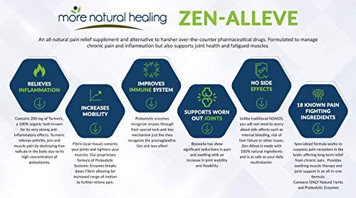 Zen-Alleve - Natural Pain Relief Joints, Osteoarthritis, Fibromyalgia - Max Bioavailability and Highest Potency Protease Enzymes, Organic Turmeric and Other Inflammation targeted Herbs. - Thumbnail 6