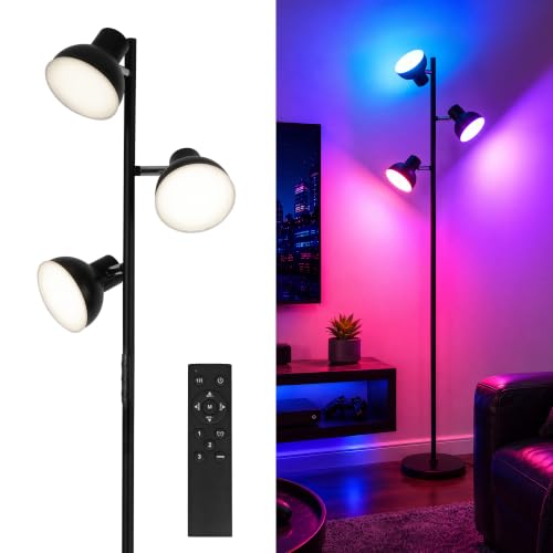 Lampara de Pie LED RGB de 3 Cabezales, Lampara de Pie Moderna con Telecommande e Interruptor Tactil, 36W Dimmable Cabezales Ajustables, Negra para Sala, Dormitorio, Lectura y Hogar
