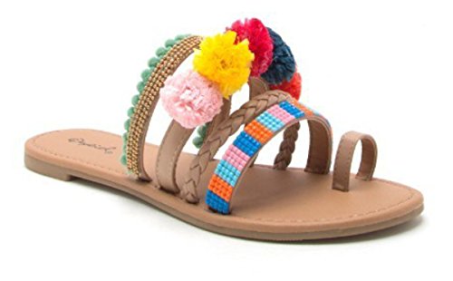 Qupid Pom Pom and Beaded Tan Sandals (8)
