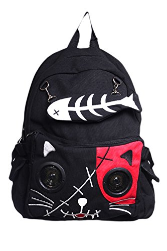 Banned Goth Punk Rock Emo Kitty Cat & Fishbone Music Speaker Backpack (Red)
