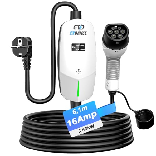 EVDANCE Type 2 Electric Car Charger (6-16A, 3.68kW, 6.1m) Adjustable Intensity Electric Car Charging Cable Portable Charger Waterproof IP66 with Carry Bag for EV IEC62196-2, White