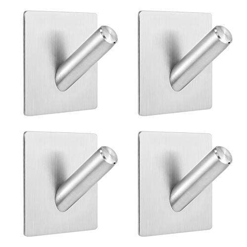 FULGENTE Self Adhesive Hooks, SUS304 Stainless Steel Hook Heavy Duty Wall Door Hanging for Bathroom Kitchen Robe Towel Organizer, 4 Pack