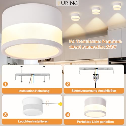 URing 4 x LED Surface-Mounted Spotlights, Dimmable, IP65 Ceiling Light, Surface-Mounted with Remote Control, App, 12 W Ceiling Spotlights, White, 2700 K - 6500 K, Surface-Mounted Spotlight, Flat Aluminium, 230 V Ceiling Light, Round Bathroom Lamp, Diameter 10 cm