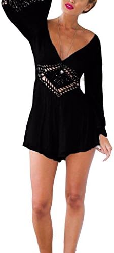PAKULA Women's Long Sleeve Lace Hollow Out Casual Romper Jumpsuit Playsuit, Black, Large